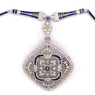 18k White Gold Genuine Natural Sapphire and Diamond Deco Style Necklace 