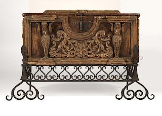 A Venetian cassone on wrought-iron stand