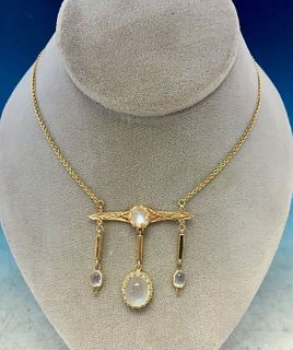 Victorian 14k Yellow Gold Blue Genuine Natural Moonstone Drop Necklace 