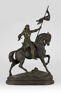 A patinated spelter sculpture of Joan of Arc