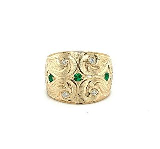 14k Yellow Gold Wide Heavy Emerald and Diamond Band Ring 