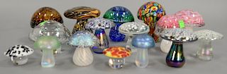 Sixteen art glass crystal and art glass mushrooms, Glasform, three Wedgwood, Avondale, Millefiori, Rainbow, Two Orrefors, Pete's Gla...