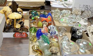 Five box lots with 40 crystal and art glass mushrooms and wood mushrooms.