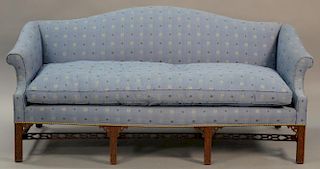 Margolis Chinese Chippendale style sofa with camel back and pierced stretchers (right side stretcher broken). ht. 37 in.; wd. 79 in.