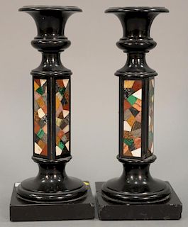 Pair of black marble and mosaic candle holder, ht. 10 3/4"