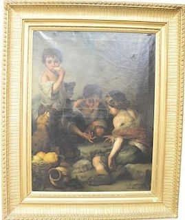 19th century oil on canvas of three boys rolling dice, unsigned, 31" x 24".
