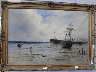 Gustave de Breanski (1856-1898), Low tide beach scene with moored boat, oil on canvas, signed lower left Gustave de Breanski, 24" x ...