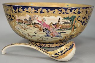 Chinese export style porcelain punch bowl having heavy gold with panel scenes of sporting dogs along with matching ladle. ht. 7 1/4 ...