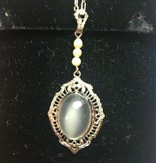 10k White Gold Moonstone Filigree Art Deco Necklace Pendant 