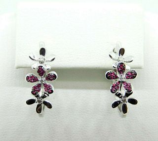 14k White Gold Genuine Natural Ruby and Diamond Flower Earrings 