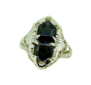 Art Deco 14k White Gold Specialty Cut Genuine Natural Onyx Filigree Ring 