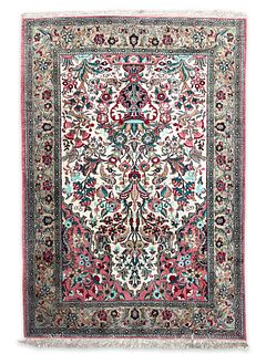 Vintage Persian Handmade Silk Qum Floral Rug
