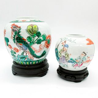 Pair of Small Asian Porcelain Vases with Wood Bases