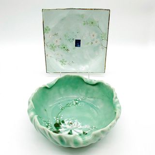 2pc Asian Decorative Green Bowl + Tray