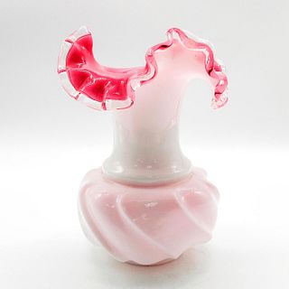 Vintage Fenton Glass Vase Ruffled Rim White Pink