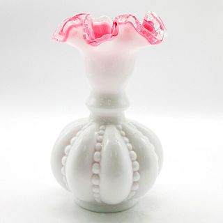 Vintage Fenton Glass Vase Ruffled Rim White Pink