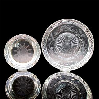 2pc Antique Etched Glass and Sterling Silver Plates