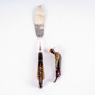 Vintage Lebanese Inlaid Carved Horn Fish Knife and Folding