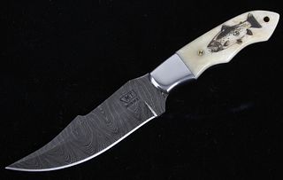 Montana Brown Trout Scrimshaw Damascus Knife