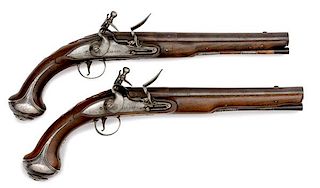 Early Pair of Silver-Mounted Flintlock Pistols by Barbar 