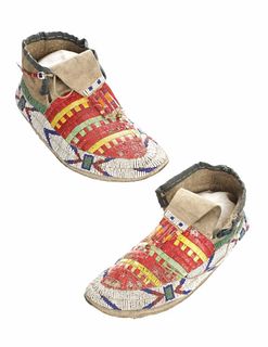 19th C. Sioux Quilled & Beaded Hard Sole Moccasins