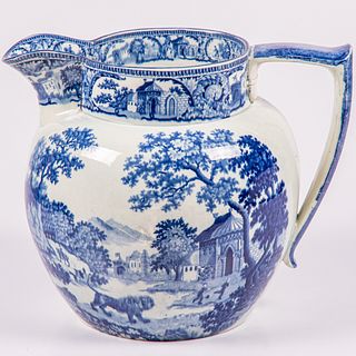 Rare English Massive Blue and White Transfer Printed Pitcher in the Angry Lion Pattern