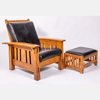 Mission Style Oak and Leather Arm Chair and Ottoman 