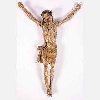 Continental Carved and Painted Hardwood Crucifixion Figure