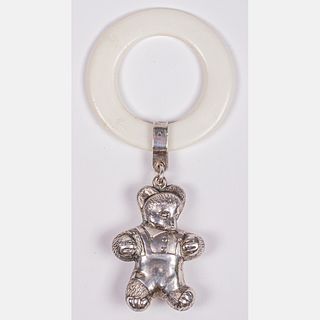 An English Sterling Silver and Plastic Bear Form Baby Rattle