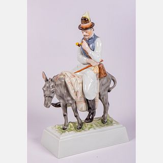 A Large Herend Porcelain Figure, Shepherd on Donkey