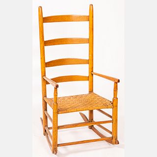 American Oak Slat Back Rocking Chair with Caned Seat