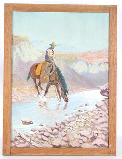 WJ Mead Cowboy and His Drinking Horse Oil on Lead
