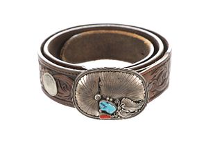 Navajo Sam Graves Silver Turquoise Leather Belt