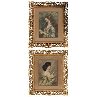 FRANZ WOBRING ALEMANIA, (1862-1939) PAR DE RETRATOS DE DAMA Óleos sobre cartón Firmados: F. Wobring. 48 x 35 cm