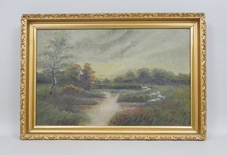 Oil on Canvas, Landscape with Stream and Sheep.