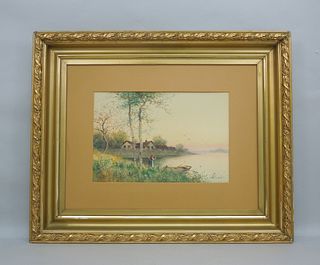 H. Levey Watercolor, River Landscape.