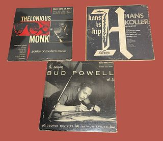 Three Vintage Jazz Vinyl 33 1/3 Records THELONIOUS MONK, HANS KROLLER, BUD POWELL