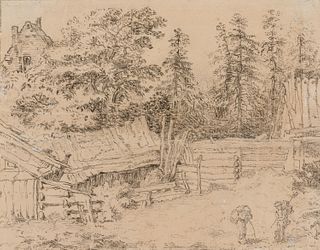 17th/18th Century Dutch School, Figures by a Village, Charcoal on paper, matted