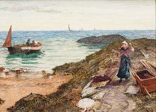 Charles Napier Hemy, Br. 1841-1917, Emptying the Nets, 1898, Gouache on board, framed under glass
