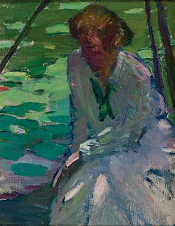 Gertrude Fiske, Am. 1879-1961, Woman Under Trees, Oil on board, framed