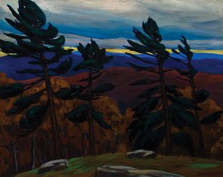 Edith Davol, Am. 1875-1950, Evergreen Trees, Oil on canvas, framed