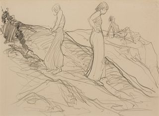 Charles Woodbury, Am. 1864-1940, "Three Woman on Cliff", Pencil on paper, framed under glass