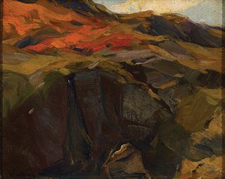 Charles Woodbury, Am. 1864-1940, Autumn Landscape, Oil on canvas board, framed