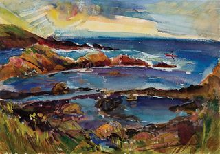 John Shayn, Am./Ukrainian 1901-1977, "Ogunquit Maine, Perkins Cove" 1950, Watercolor on paper, framed under glass