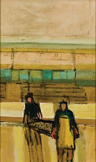 John Laurent, Am. 1921-2005, "Two Oyster Carriers, Prat-Ar-Coum" 1967, Oil on masonite, framed