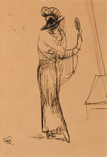 Carl Sprinchorn, Am. 1887-1971, Looking in the Mirror, Ink on paper, framed under glass