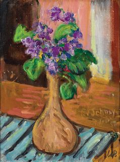 Waldo Peirce, Am. 1884-1970, Violets, 1958, Oil on panel, framed