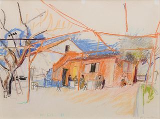 Wolf Kahn, Am. 1927-2020, Cafe with Figures, 1984, Pastel on paper, framed under glass