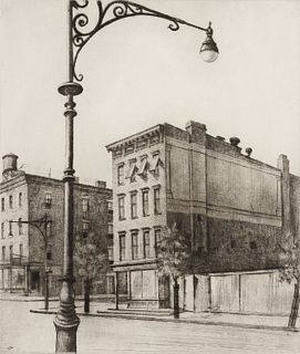 Armin Landeck, Am. 1905-1984, York Avenue Tenements, 1938, Etching on paper, framed under glass
