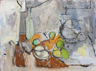 Jean Steubing Maggrett, Am. 1929-2019, Still Life with Apples, Bottle and Cup, Mixed media on panel laid to masonite, framed
